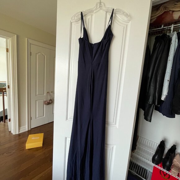 Navy Ruched Slit Leg V Neck Dress - Picture 5 of 5